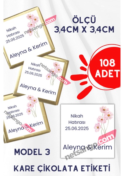 108 Adet Kare Madlen Çikolata Etiketi Isme Özel Söz / Nişan / Nikah Model: 1-2-3-4 indirimleri