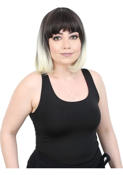 Kısa Küt Perçemli Fiber Sentetik Peruk / Küllü Siyah / Platin Ombreli