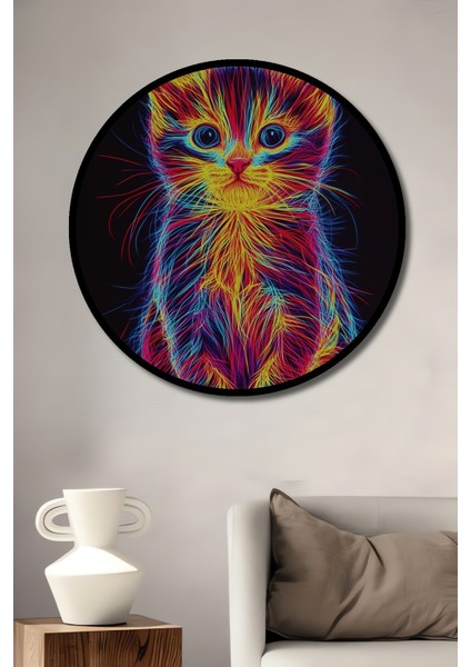 Çerçeve Görünümlü Neon Kedi Dekoratif Ahşap Mdf Işyeri Duvar Tablo Yuvarlak Işyeri Duvar Tablo