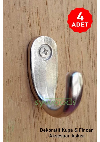 Büyük Fincan Askı Nikel Dekoratif Tekli Bijuteri Askılık Aksesuarı 4 Adet