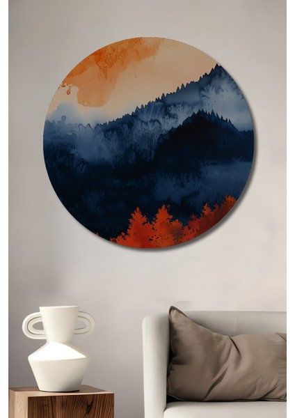Turuncu Günbatımı Dağ Manzarası Dekoratif Ahşap Mdf Tablo Yuvarlak Tablo