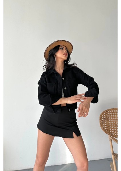 Çift Cepli Kol Katlamalı Süper Taş Enzim Yıkamalı Crop Kot Ceket Siyah D2000 fırsatları