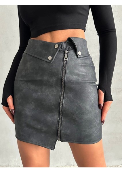 Beli Pervazlı Fermuarlı Eskitme Deri Etek W24431 modelleri