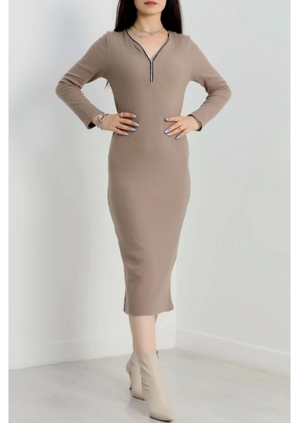 Fermuar Detaylı Fitilli Şardonlu Elbise Bej A3178