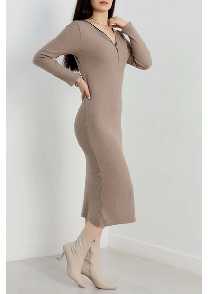 Fermuar Detaylı Fitilli Şardonlu Elbise Bej A3178 modelleri
