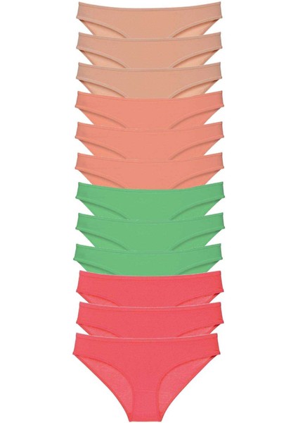 12 Adet Süper Eko Set Likralı Kadın Slip Külot Ten Pudra Yeşil Fuşya