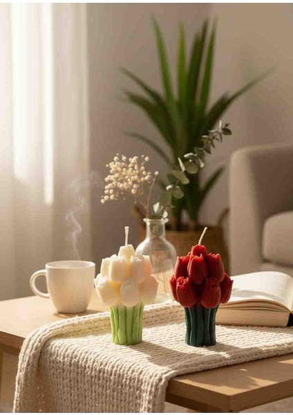 El Yapımı Lale Buketi Mum – Doğal Soya Mum, Dekoratif Ev Aksesuarı