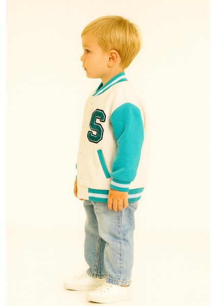 Unisex Harf Aplikeli Kontrast Çizgi Detaylı Kolej Bomber Çocuk Ceket Krem