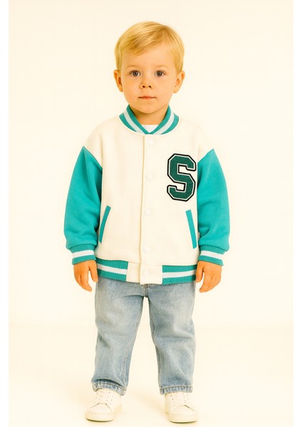 Unisex Harf Aplikeli Kontrast Çizgi Detaylı Kolej Bomber Çocuk Ceket Krem fiyatları