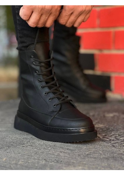 KB-0991 Siyah Cilt Siyah Yüksek Taban Bağcıklı Postal Bot modelleri