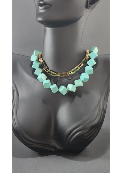 Özel Tasarım Doğal Taş ve Gold Detaylı Kolye (Gold Zincir 38 Cm)