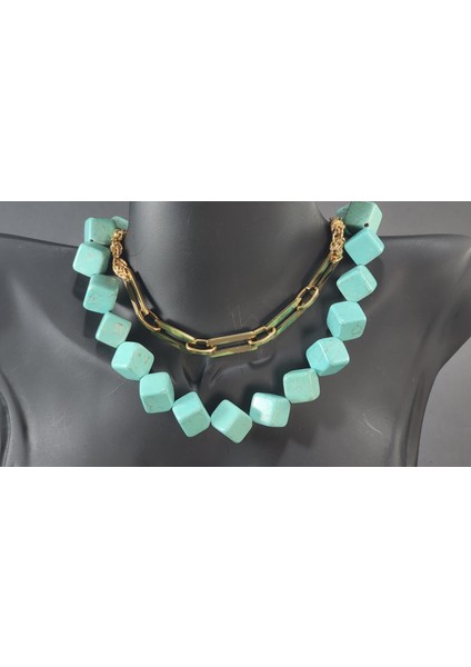 Özel Tasarım Doğal Taş ve Gold Detaylı Kolye (Gold Zincir 38 Cm) fiyatları