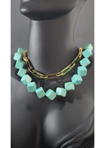 Özel Tasarım Doğal Taş ve Gold Detaylı Kolye (Gold Zincir 38 Cm) modelleri