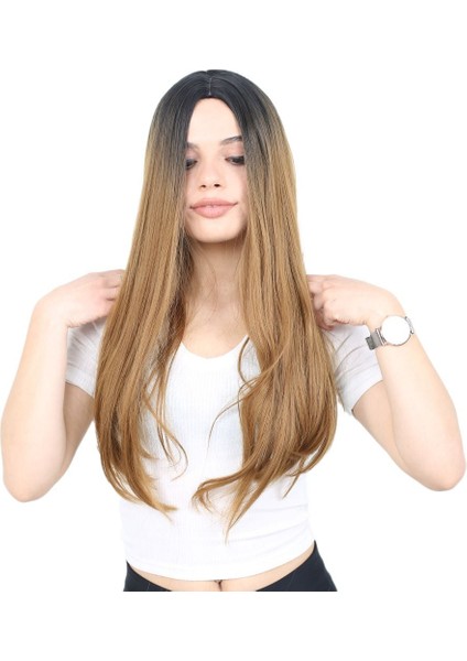 Fiber Sentetik Uzun Düz Peruk / Siyah / Karamel Ombreli