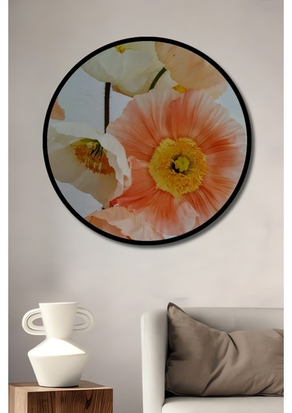 Dekoratif Ahşap Yuvarlak Çerçeve Görünümlü Tablo Pastel Çiçekler