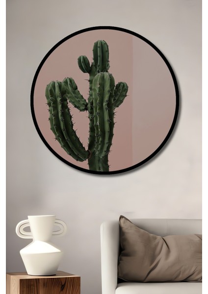 Dekoratif Ahşap Yuvarlak Çerçeve Görünümlü Tablo Yeşil Kaktüs