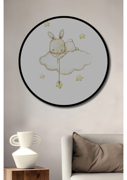 Dekoratif Ahşap Yuvarlak Çerçeve Görünümlü Tablo Bulut Üzerinde Tavşan