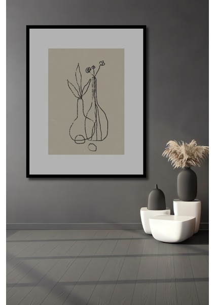 Dekoratif Ahşap Dikdörtgen Tablo Vazo Çizimi Çerçeve Görünümlü