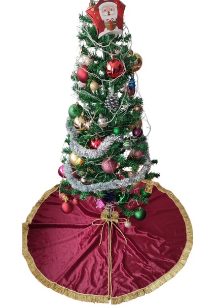 , Yılbaşı Çam Ağacı Altı Örtüsü, Çam Ağacı Ayak Halısı Örtüsü, Bordo Renk, Kadife, 90 cm