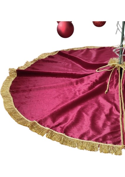 , Yılbaşı Çam Ağacı Altı Örtüsü, Çam Ağacı Ayak Halısı Örtüsü, Bordo Renk, Kadife, 90 cm