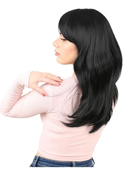 Düz Perçemli Orta Boy Fiber Sentetik Peruk / Siyah modelleri