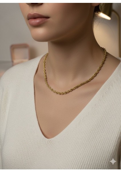 Çelik Kolye Burgu Halat Model Kararmaz Zincir Altın Model