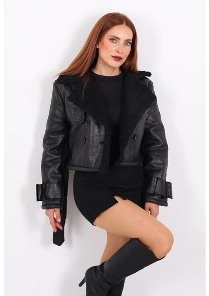 Kürklü Suni Deri Kemerli Siyah Kadın Kısa Mont T1256