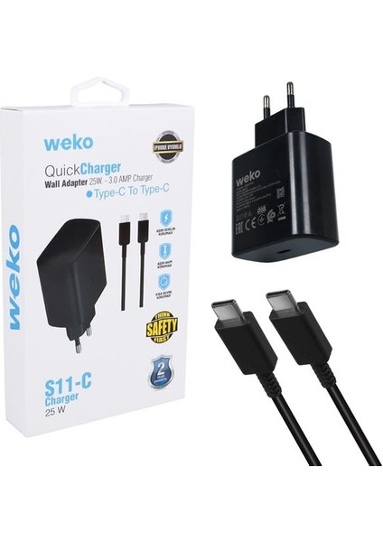 Weko Wk-26523 S11-c 25 Watt Siyah Şarj Başlık Adaptörü + Type-c To Type-c Kablo
