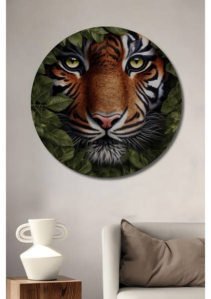 Kaplanın Büyülü Bakışı Ahşap Mdf Dekoratif Ev/işyeri Duvar Tablo Yuvarlak Ev/işyeri Duvar Tablo