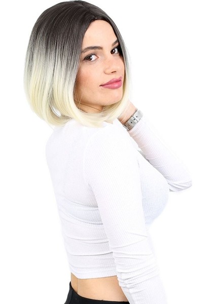 Kahkülsüz Düz Kısa Fiber Sentetik Peruk / Küllü Siyah / Platin Ombreli fiyatları