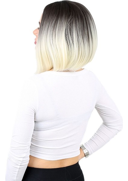 Kahkülsüz Düz Kısa Fiber Sentetik Peruk / Küllü Siyah / Platin Ombreli modelleri