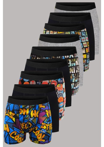Desenli Düz Karışık Erkek 9'lu Paket Pamuklu Boxer