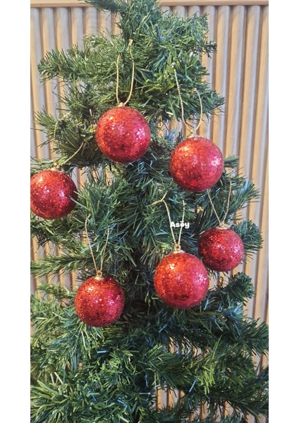 Yılbaşı Ağacı Süsü 4 cm Cici Kırmızı Simli Işıltılı Küre Top Süs Parlak 6 Adet