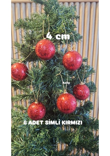 Yılbaşı Ağacı Süsü 4 cm Cici Kırmızı Simli Işıltılı Küre Top Süs Parlak 6 Adet fiyatları