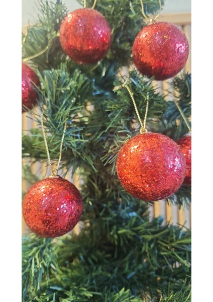 Yılbaşı Ağacı Süsü 4 cm Cici Kırmızı Simli Işıltılı Küre Top Süs Parlak 6 Adet modelleri