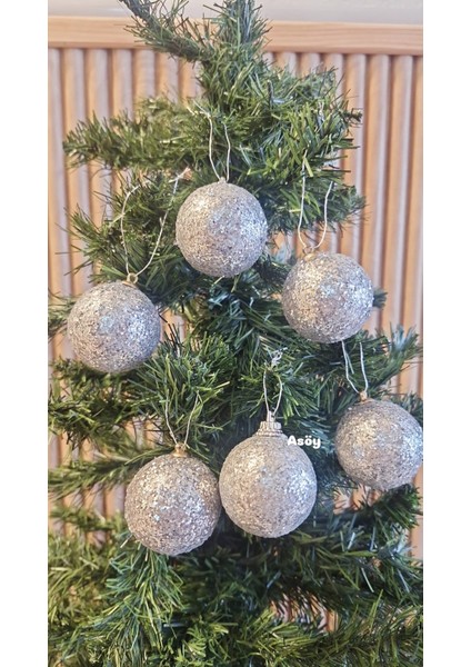 Yılbaşı Ağacı Süsü 4 cm Cici Gümüş Simli Işıltılı Küre Top Süs Parlak 6 Adet
