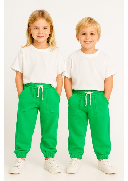 Unisex 3 Iplik Pamuklu Kalın Beli Lastikli Eşofman Altı Yeşil