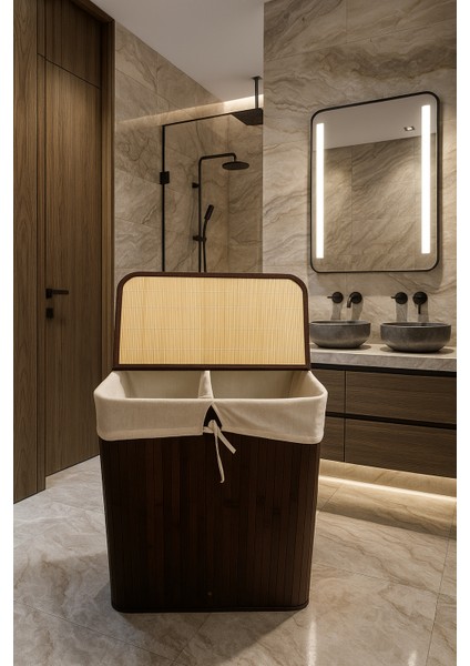 Bambu Çamaşır Sepeti 52X32X60 Beyazlar/renkliler Ayrı BÖLMELI-100 Lt Büyük Boy
