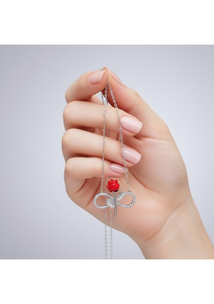 - 925 Ayar Gümüş Sonsuzluk Gül Tasarım Kolye