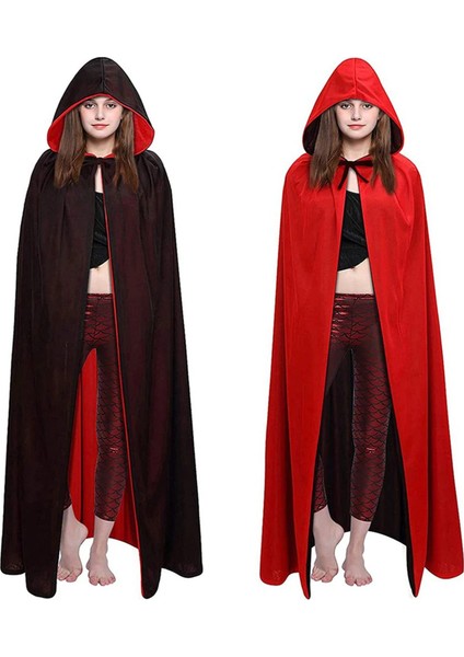 Çift Taraflı Kullanılabilir Siyah Kırmızı Kapişonlu Pelerin 140 cm Yetişkin modelleri