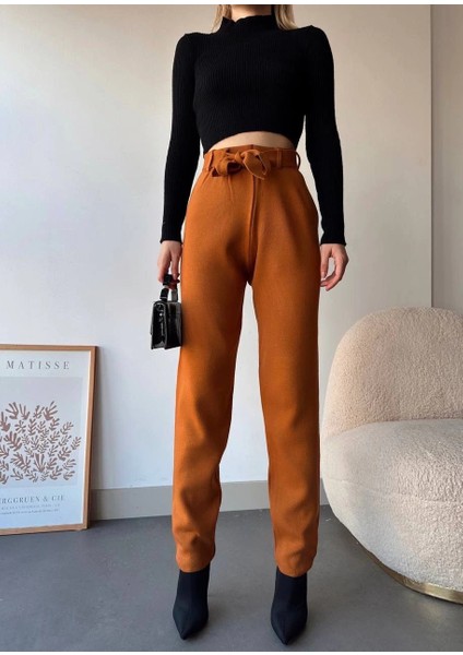 Kendinden Kemerli Triko Pantolon Camel