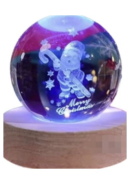 Dekoratif Noel Tasarımlı Ahşap Altlıklı Işıklı Cam Küre Büyük BOY8CM