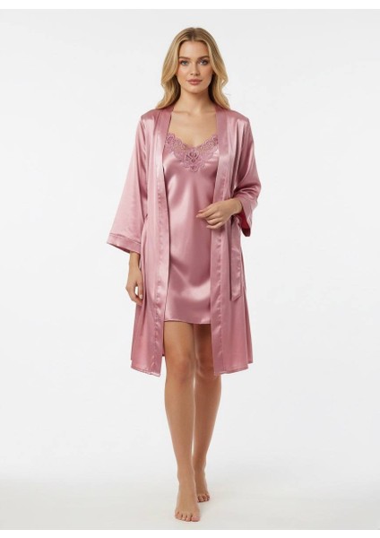 Premium Pudra Pembe Saten Dantelli Gecelik Sabahlık Takımı – Şık Ikili Set modelleri