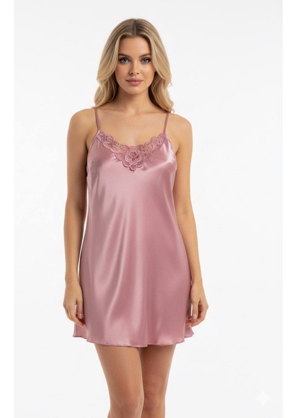 Premium Pudra Pembe Saten Dantelli Gecelik Sabahlık Takımı – Şık Ikili Set fırsatları