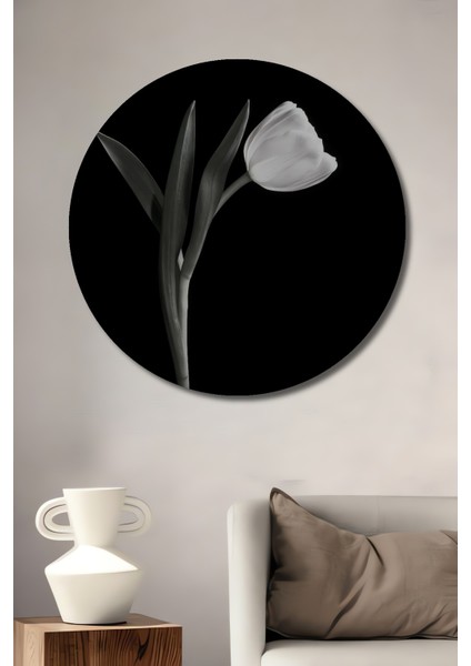 Siyah Zemin Üzerine Beyaz Lale Ahşap Mdf Dekoratif Tablo Yuvarlak Tablo
