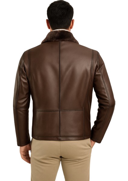 Carlos Hakiki Deri Erkek Kestane Karartma Seyyar Kürk Yaka Mont modelleri