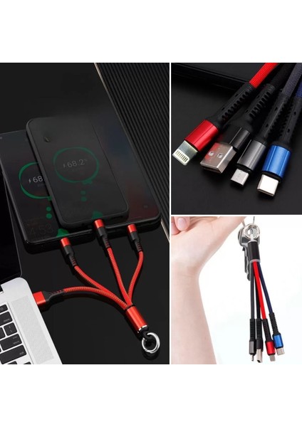 Işıklı Anahtarlık Model 3 In 1 USB Çıkışlı Mikro,type-C ve Iphone Uyumlu Şarj Kablosu (4172) fırsatları