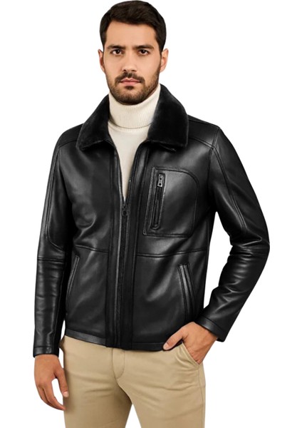 Carlos Hakiki Deri Erkek Siyah Seyyar Kürk Yaka Mont
