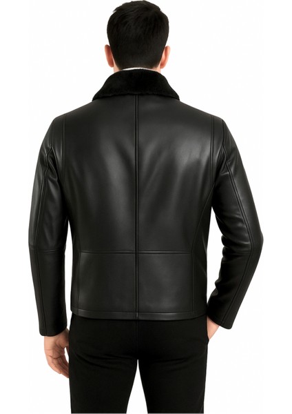 Carlos Hakiki Deri Erkek Siyah Seyyar Kürk Yaka Mont modelleri