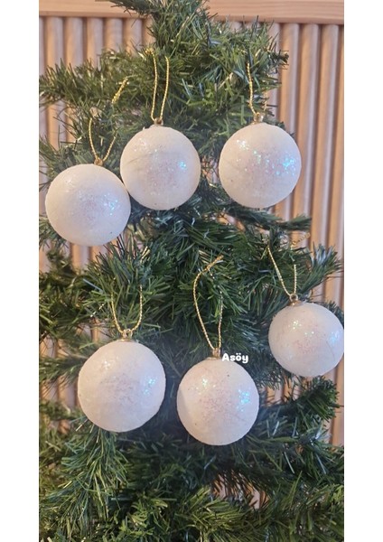 Yılbaşı Ağacı Süsü 4 cm Cici Beyaz Işıltılı Simli Küre Top Süs Parlak 6 Adet